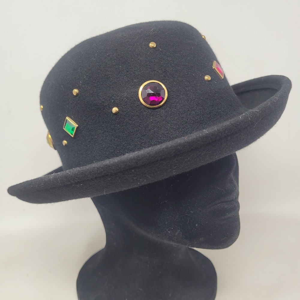 Vintage Bollman Hat Black Wool Felt Bowler Jeweled Embellished 80s 90s Art Deco